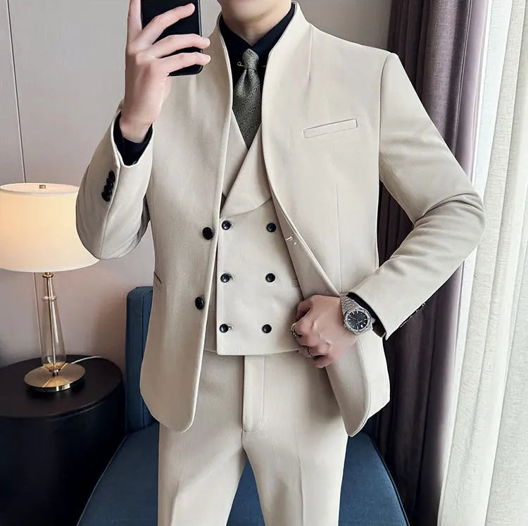 Men's Korean Style Wool Blazer Suit Set - Slim Fit Two-Piece