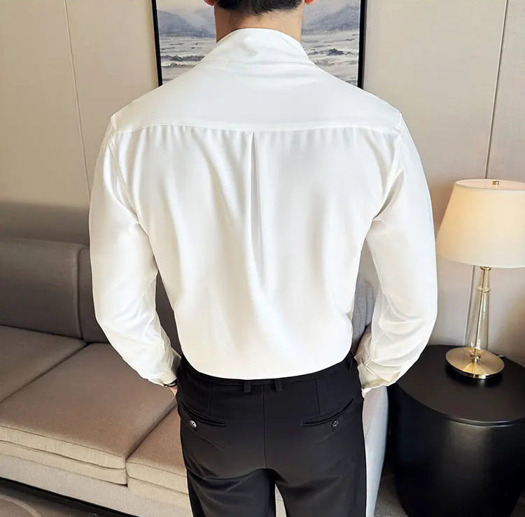 Men's V-Neck Designer Shirt - Stand-Up Collar Long Sleeve