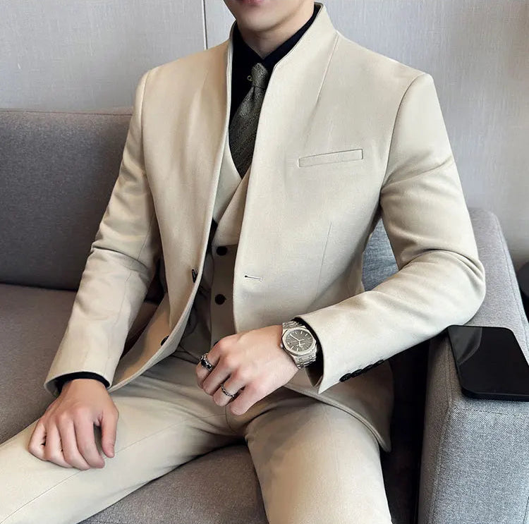 Men's Korean Style Wool Blazer Suit Set - Slim Fit Two-Piece