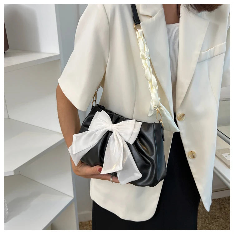 Women's Bow Pleated Shoulder Bag - Cute Underarm Tote Handbag
