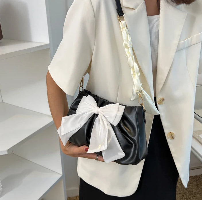 Women's Bow Pleated Shoulder Bag - Cute Underarm Tote Handbag