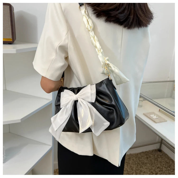 Women's Bow Pleated Shoulder Bag - Cute Underarm Tote Handbag