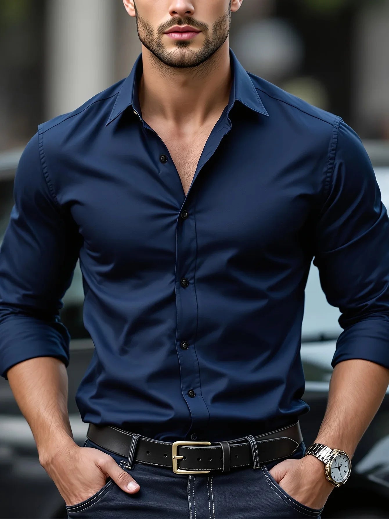 MEN'S SOLID COLOR BUSINESS SHIRT – LONG SLEEVE ELASTIC FIT