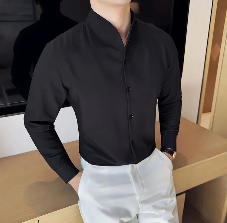 Men's V-Neck Designer Shirt - Stand-Up Collar Long Sleeve