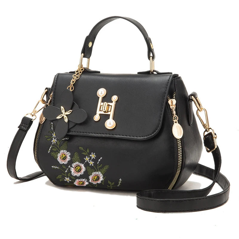 EMBROIDERED STRUCTURED TOP‑HANDLE CROSSBODY