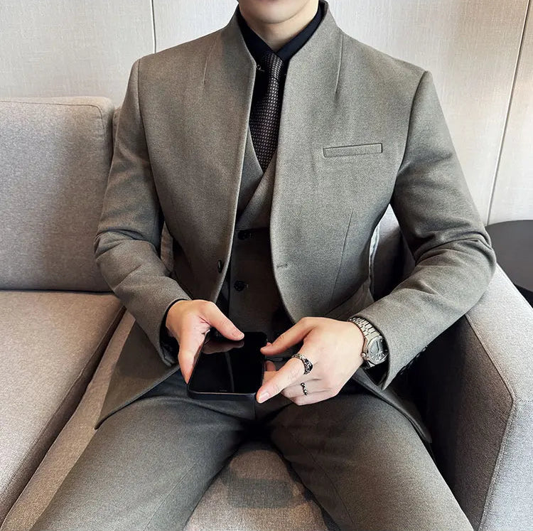 Men's Korean Style Wool Blazer Suit Set - Slim Fit Two-Piece
