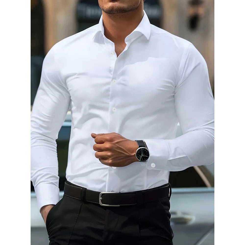 MEN'S SOLID COLOR BUSINESS SHIRT – LONG SLEEVE ELASTIC FIT
