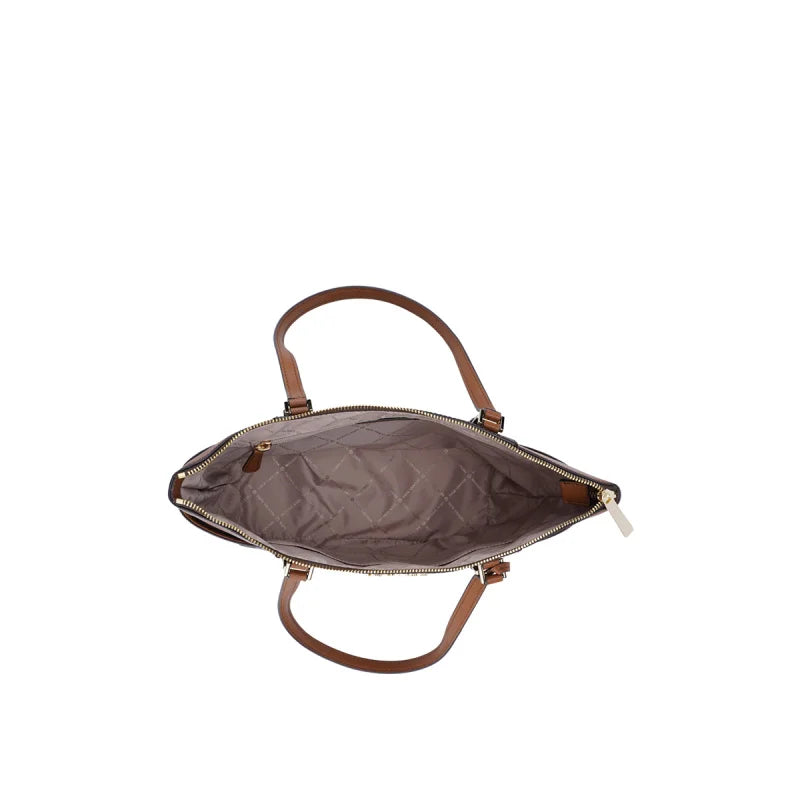 Michael Kors Two‑Tone Leather Satchel – Signature MK Monogram, Gold Hardware, Structured Designer Handbag