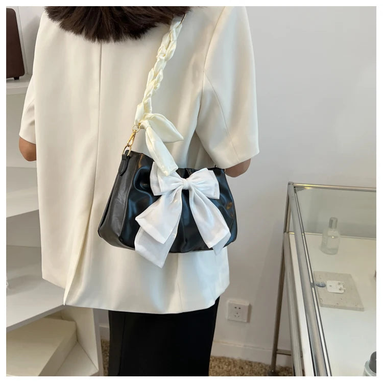 Women's Bow Pleated Shoulder Bag - Cute Underarm Tote Handbag