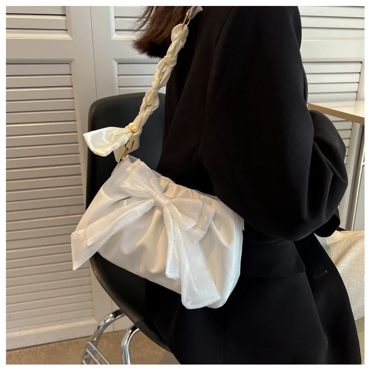 Women's Bow Pleated Shoulder Bag - Cute Underarm Tote Handbag