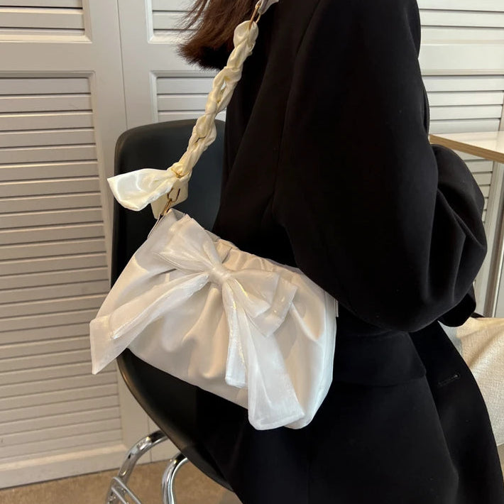 Women's Bow Pleated Shoulder Bag - Cute Underarm Tote Handbag