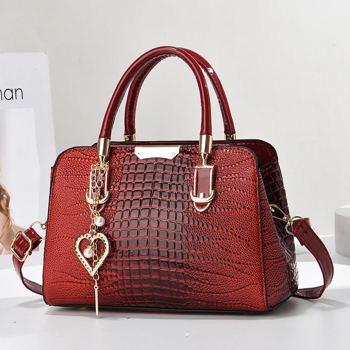 CROCODILE-TEXTURE STRUCTURED TOP-HANDLE HANDBAG