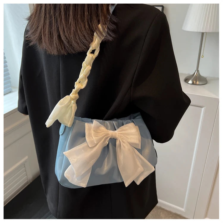 Women's Bow Pleated Shoulder Bag - Cute Underarm Tote Handbag