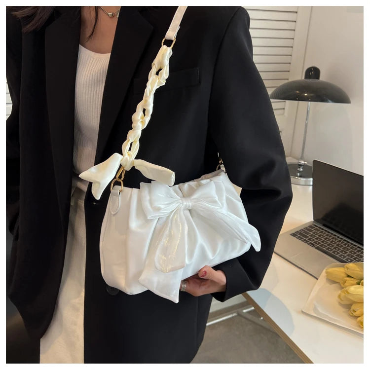 Women's Bow Pleated Shoulder Bag - Cute Underarm Tote Handbag