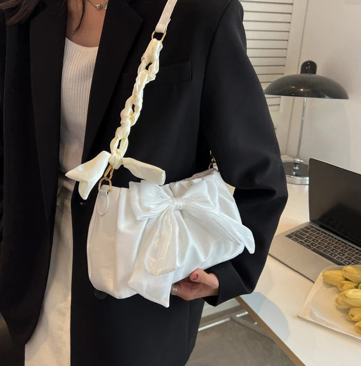 Women's Bow Pleated Shoulder Bag - Cute Underarm Tote Handbag