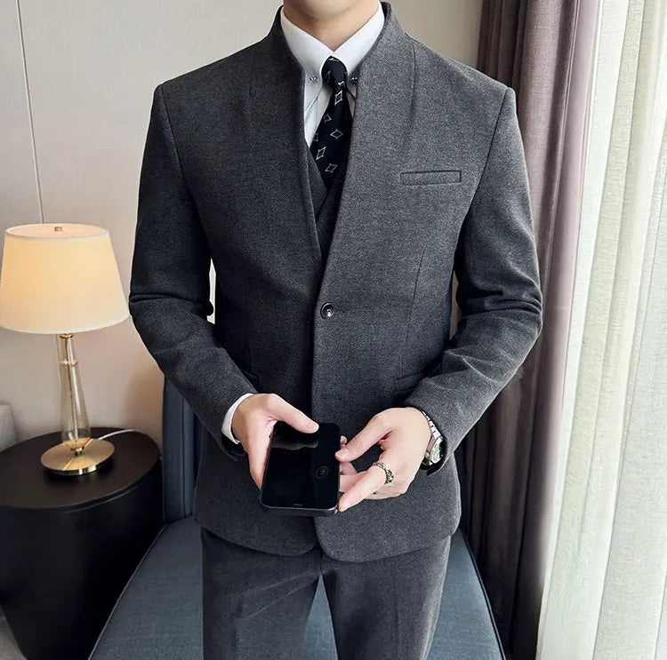 Men's Korean Style Wool Blazer Suit Set - Slim Fit Two-Piece