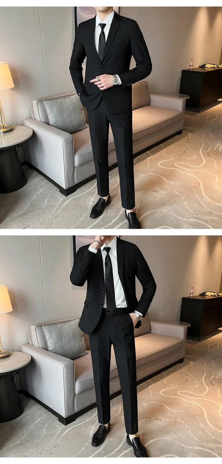 Men's Korean Style Slim Fit Suit Set - Business Blazer & Pants