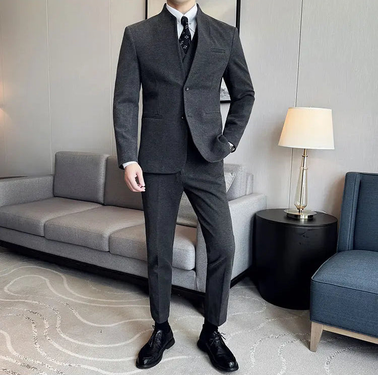 Men's Korean Style Wool Blazer Suit Set - Slim Fit Two-Piece