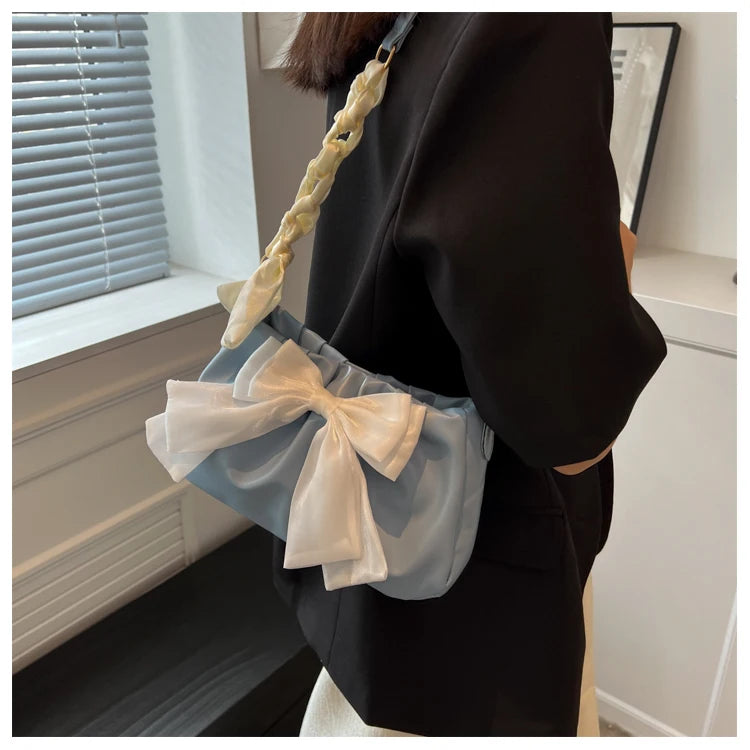 Women's Bow Pleated Shoulder Bag - Cute Underarm Tote Handbag