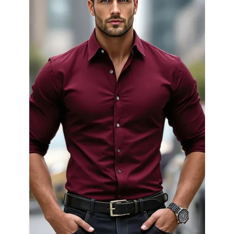 MEN'S SOLID COLOR BUSINESS SHIRT – LONG SLEEVE ELASTIC FIT
