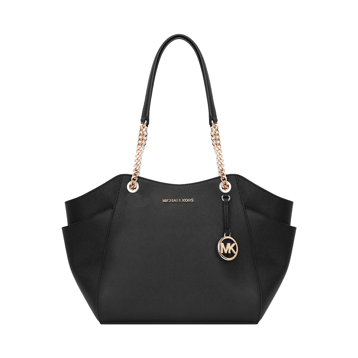 Michael Kors Black Leather Tote Bag – Gold Chain Handles, Structured Designer Handbag