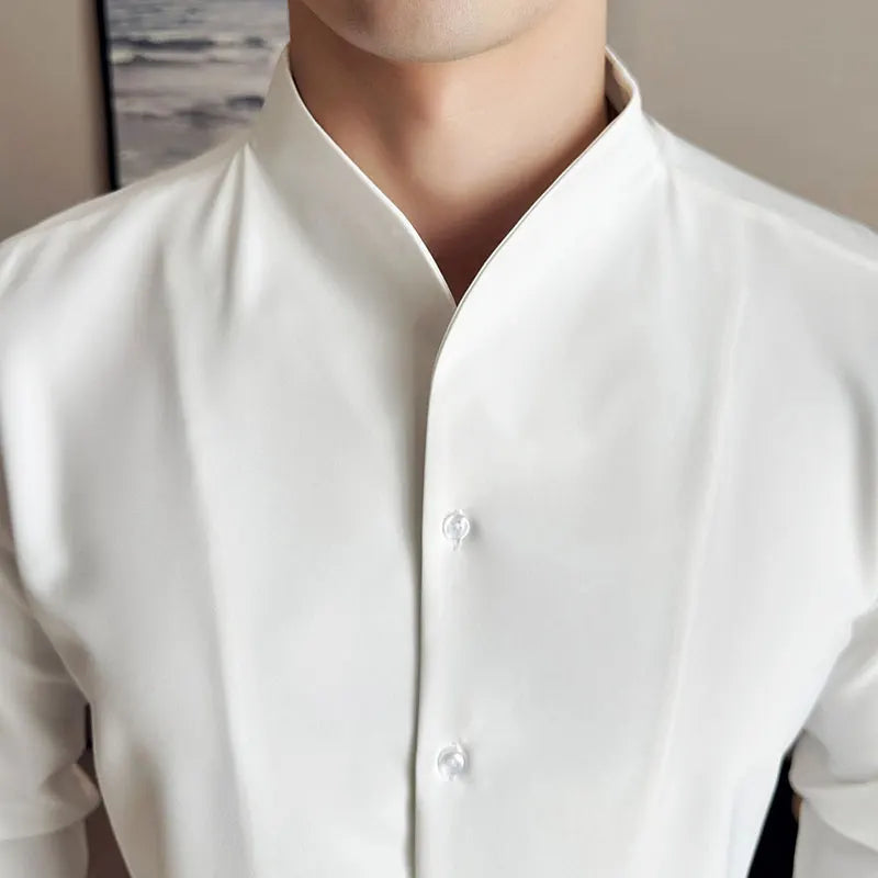 Men's V-Neck Designer Shirt - Stand-Up Collar Long Sleeve