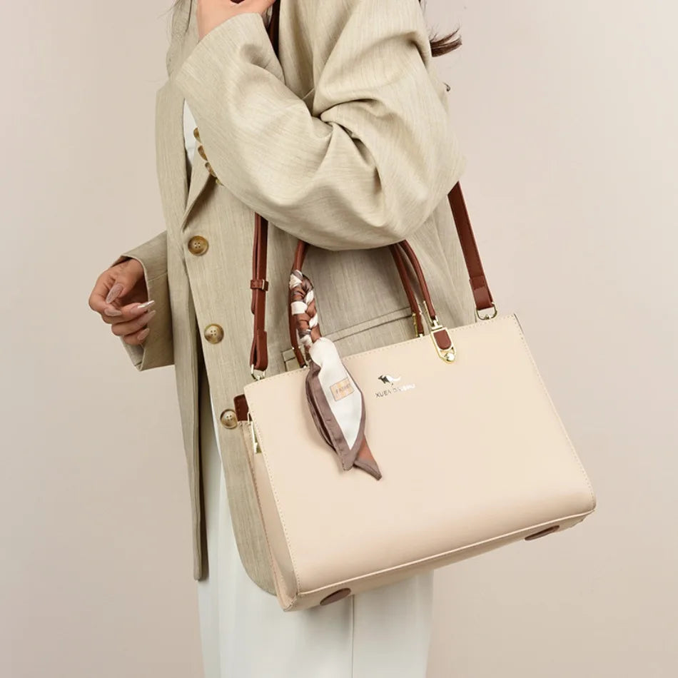 ELEGANT STRUCTURED TOP-HANDLE HANDBAG WITH SCARF ACCENT
