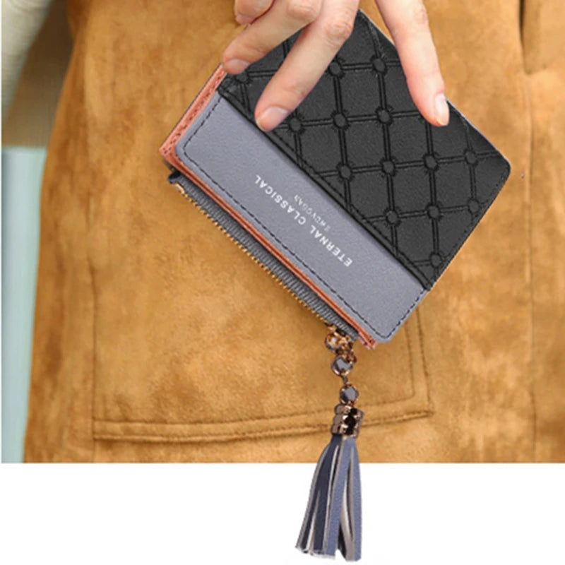 QUILTED COLORBLOCK WALLET – ZIP AROUND WITH TASSEL CHARM