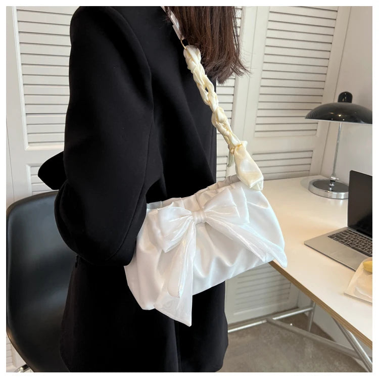 Women's Bow Pleated Shoulder Bag - Cute Underarm Tote Handbag