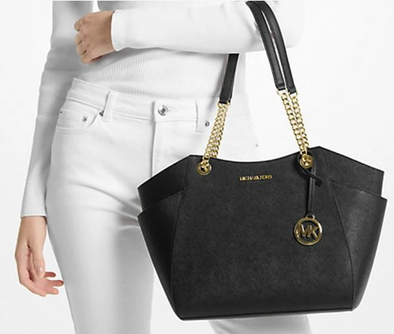 Michael Kors Black Leather Tote Bag – Gold Chain Handles, Structured Designer Handbag