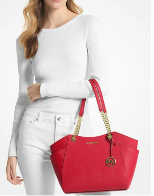 Michael Kors Black Leather Tote Bag – Gold Chain Handles, Structured Designer Handbag