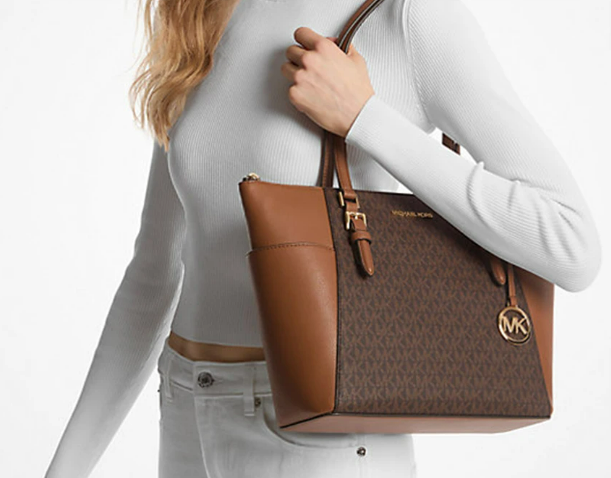 Michael Kors Two‑Tone Leather Satchel – Signature MK Monogram, Gold Hardware, Structured Designer Handbag