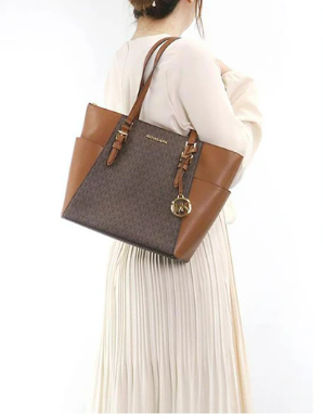 Michael Kors Two‑Tone Leather Satchel – Signature MK Monogram, Gold Hardware, Structured Designer Handbag