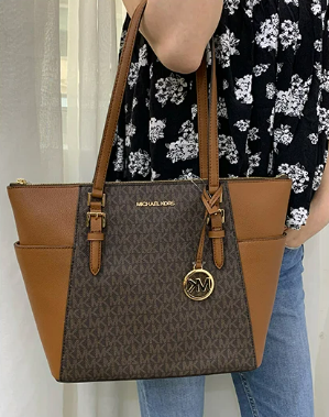 Michael Kors Two‑Tone Leather Satchel – Signature MK Monogram, Gold Hardware, Structured Designer Handbag