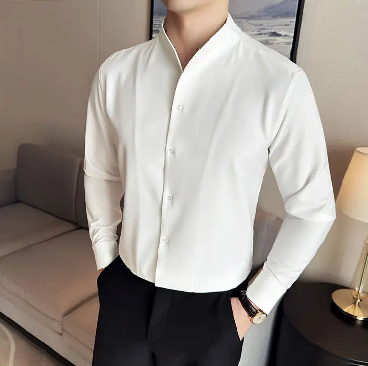 Men's V-Neck Designer Shirt - Stand-Up Collar Long Sleeve