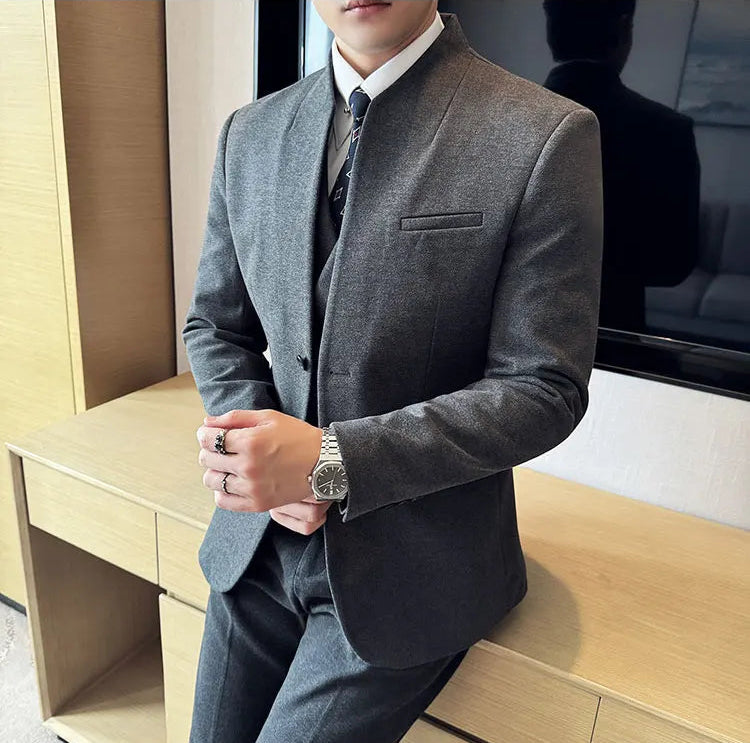 Men's Korean Style Wool Blazer Suit Set - Slim Fit Two-Piece