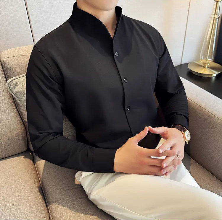 Men's V-Neck Designer Shirt - Stand-Up Collar Long Sleeve