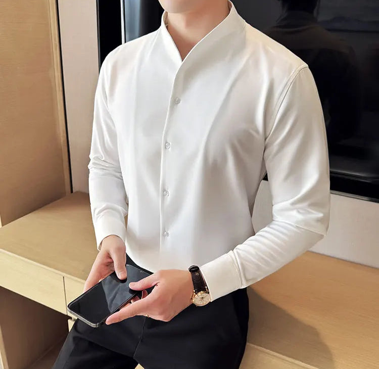 Men's V-Neck Designer Shirt - Stand-Up Collar Long Sleeve