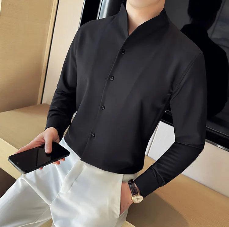 Men's V-Neck Designer Shirt - Stand-Up Collar Long Sleeve