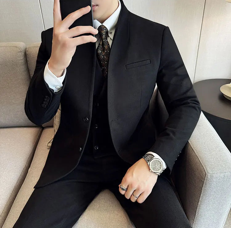 Men's Korean Style Wool Blazer Suit Set - Slim Fit Two-Piece