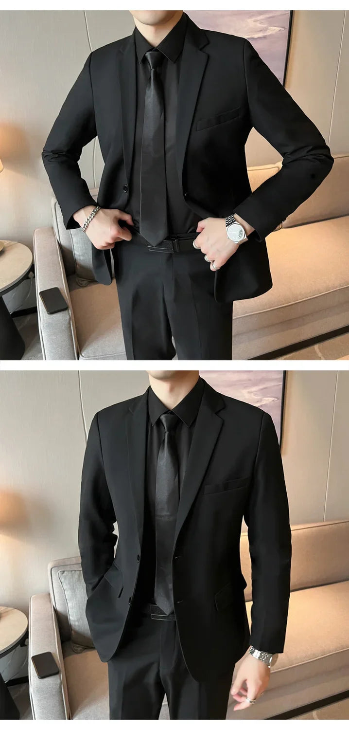 Men's Korean Style Slim Fit Suit Set - Business Blazer & Pants