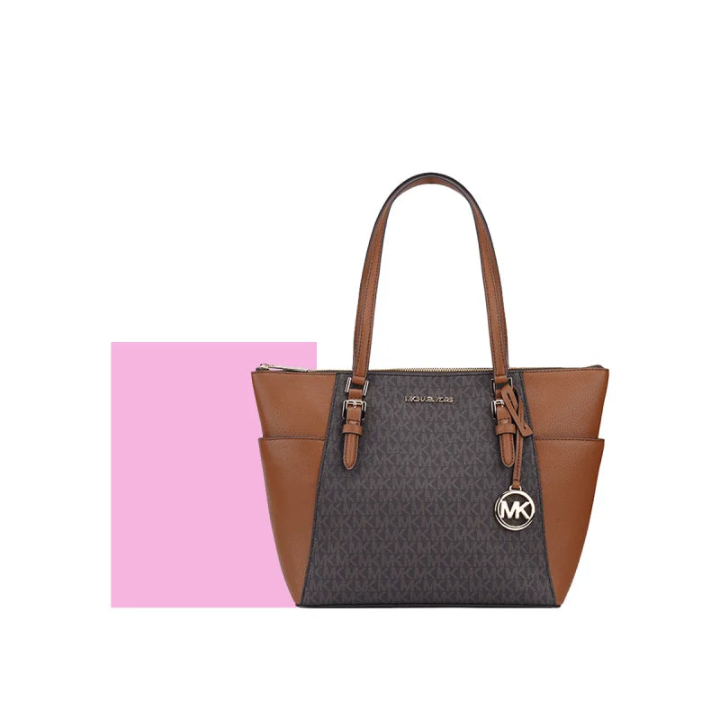 Michael Kors Two‑Tone Leather Satchel – Signature MK Monogram, Gold Hardware, Structured Designer Handbag
