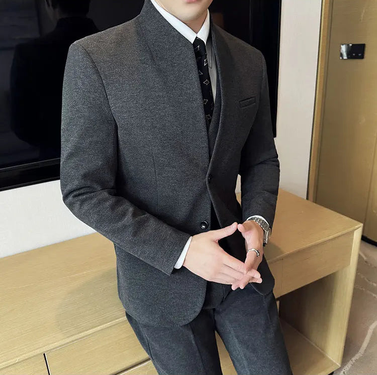 Men's Korean Style Wool Blazer Suit Set - Slim Fit Two-Piece