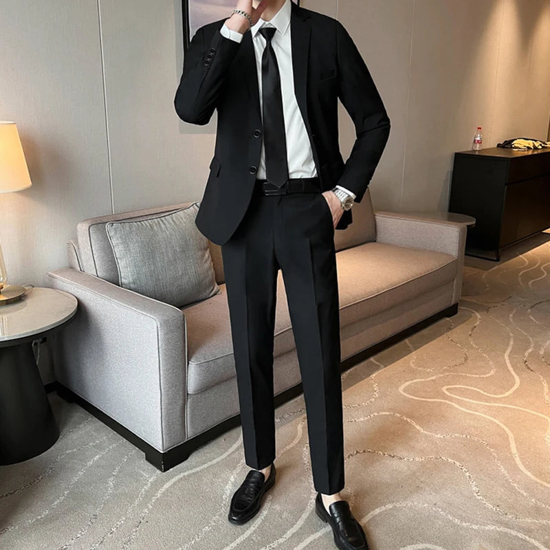 Men's Korean Style Slim Fit Suit Set - Business Blazer & Pants