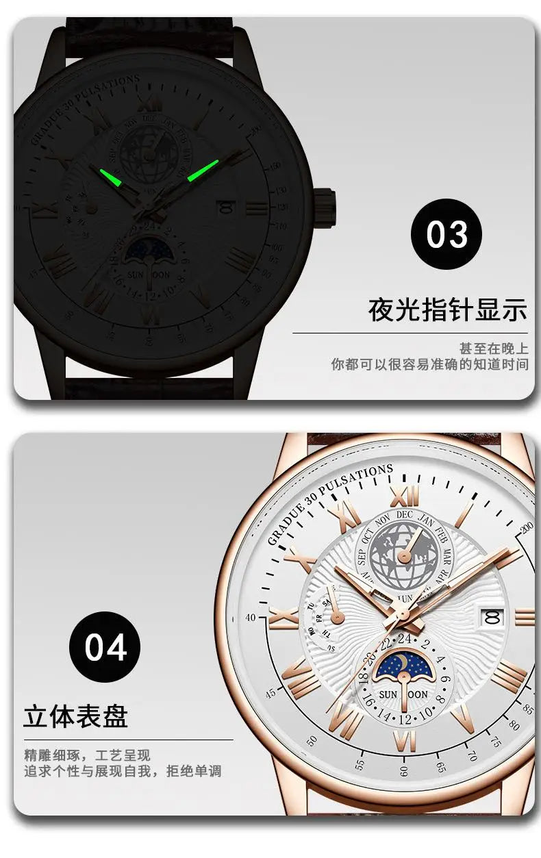 Men's Luxury Sport Watch - Waterproof Leather Quartz Wristwatch