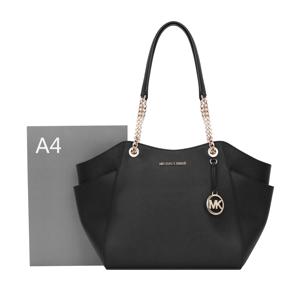 Michael Kors Black Leather Tote Bag – Gold Chain Handles, Structured Designer Handbag