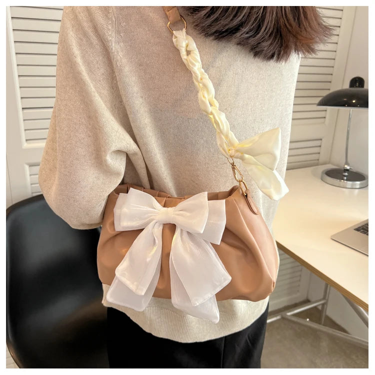 Women's Bow Pleated Shoulder Bag - Cute Underarm Tote Handbag