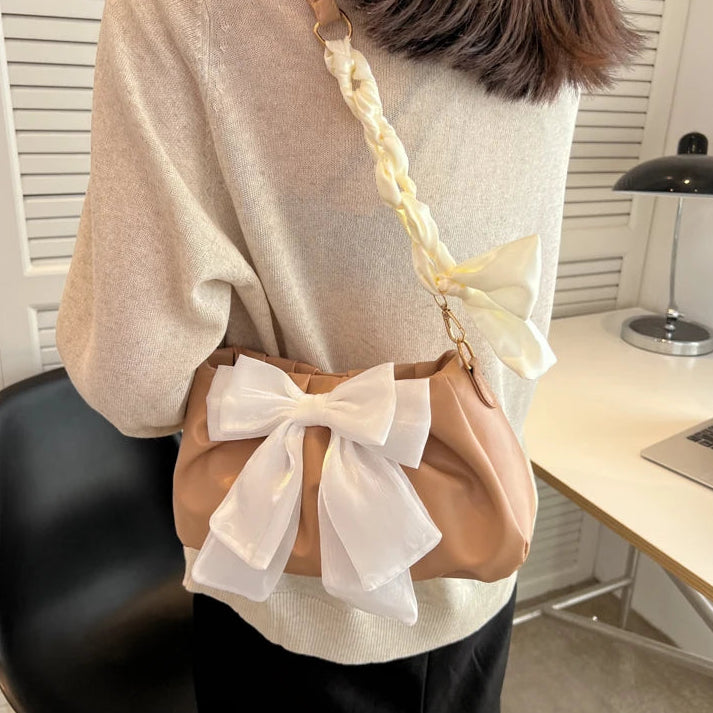 Women's Bow Pleated Shoulder Bag - Cute Underarm Tote Handbag