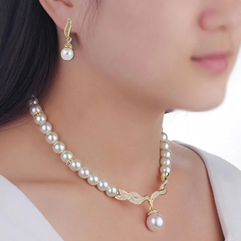 Pearl Jewelry Set - Gold Necklace & Earrings for Women