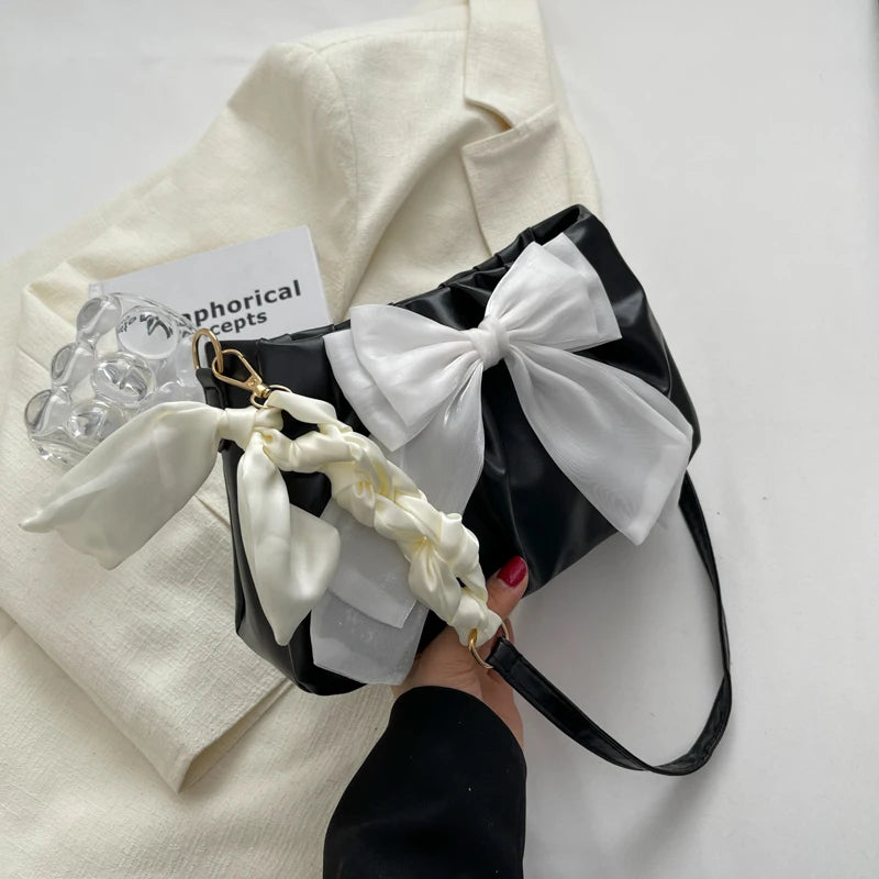 Women's Bow Pleated Shoulder Bag - Cute Underarm Tote Handbag